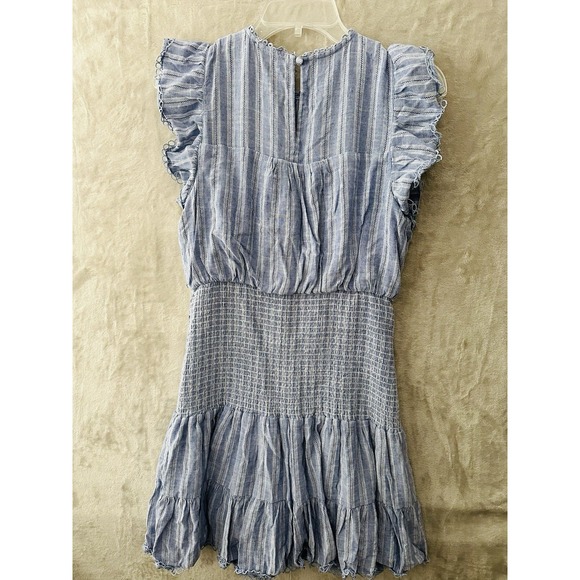 Aqua Cotton Smocked Mini Dress Size Large Flutter Cap Sleeves, Tiered Hem Lined - Picture 11 of 11